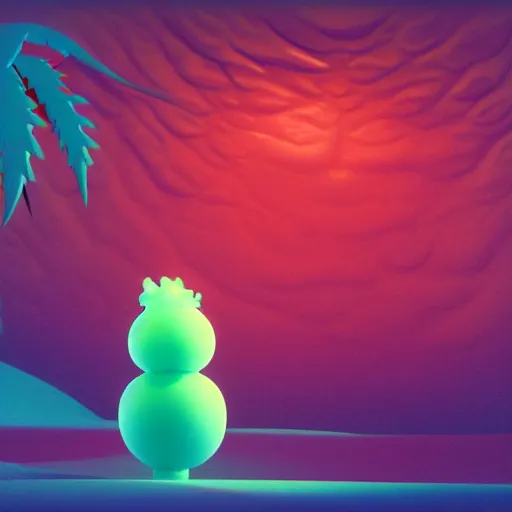 Image similar to a portrait of a mochi cannabis snowball character in a gelatinous ❄ environment 3 d rendered in octane, by eyvind earle