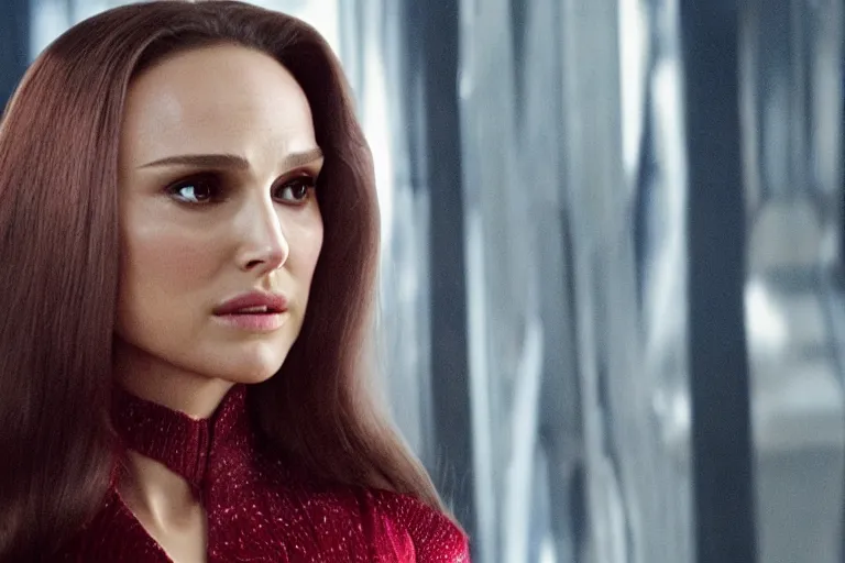 Prompt: film still of Natalie Portman as Wanda Maximoff Scarlett Witch in Wandavision
