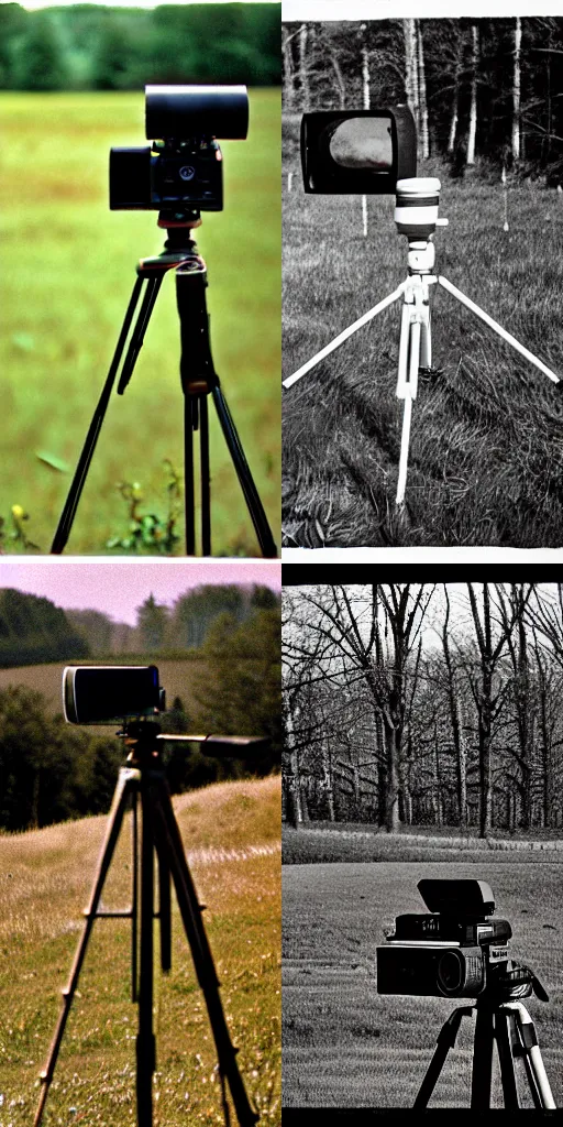 Prompt: Television camera on tripod left alone in the New England countryside, telephoto, 35mm film grain,