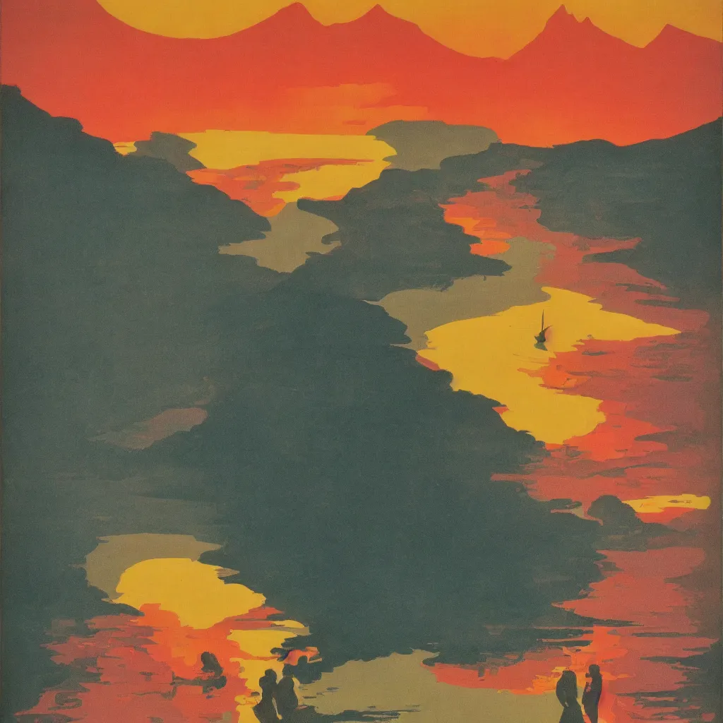 Image similar to beautiful vintage poster, whistler sunset, boho, midcentury, modern, muted colors, uniform lighting, top lit, detailed, beautiful solid colors, edge to edge, full frame