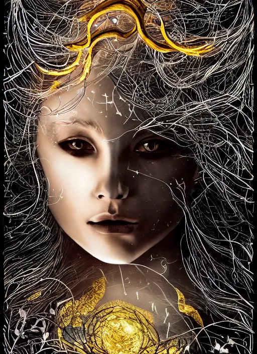 Image similar to glowing silver and golden elements, full close-up portrait, A beautiful dark witch in front of the full big moon, book cover, green forest, red white black colors, establishing shot, extremly high detail, foto realistic, cinematic lighting, pen and ink, intricate line drawings, by Yoshitaka Amano, Ruan Jia, Kentaro Miura, Artgerm, post processed, concept art, artstation, matte painting, style by eddie, raphael lacoste, alex ross