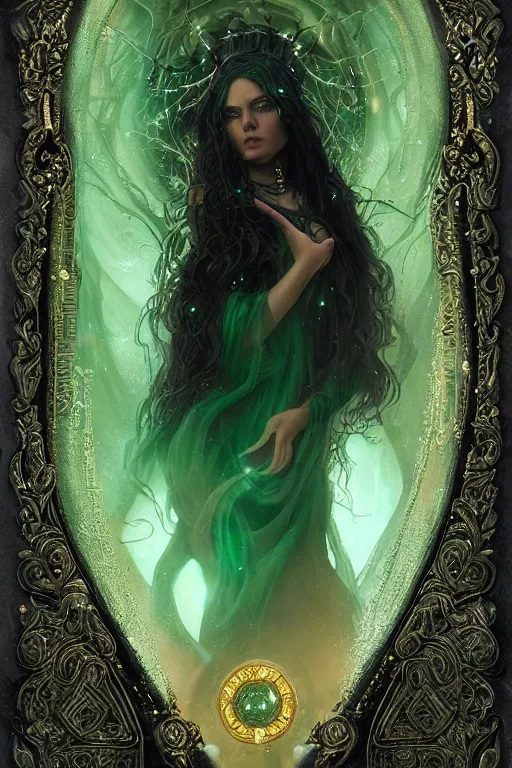 Image similar to a close - up portrait of a hauntingly beautiful sorceress wearing a black robe with gold embroidery, casting a spell, green glows, painted by artgerm and tom bagshaw, highly detailed digital art