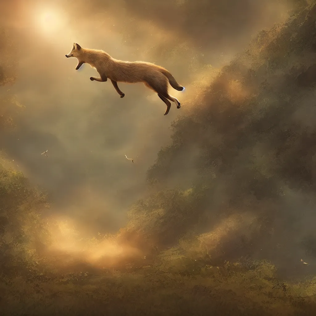 Prompt: fox flying through landscape, concept art, cinematic lighting