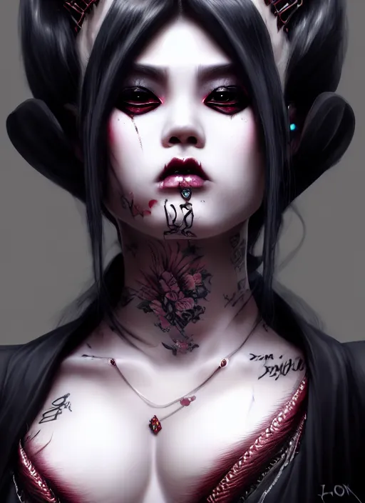 Image similar to soft lustrous ebony geisha seductive yakuza gothic gutter punk, urban decay dark fantasy, dark art, highly detailed, digital painting, octane render, artstation, concept art, smooth, sharp focus, illustration, art by artgerm, loish, wlop