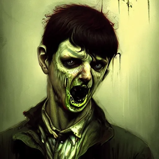 Image similar to ian curtis as a zombie, 7 days to die zombie, gritty background, fine art, award winning, intricate, elegant, sharp focus, cinematic lighting, digital painting, 8 k concept art, art by michael hussar, art by brom, art by guweiz and z. w. gu, 8 k