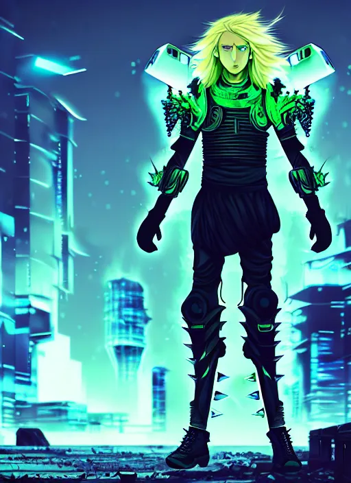 Image similar to a striking cinematic full body manga portrait of a male warrior with long blonde hair and blue eyes wearing evil green spiked cyberpunk armour and standing in the desolate burning ruins of a futuristic city by hirohiko araki and beeple, fine details, digital art, character concept art, volumetric lighting, cinematic light, photorealistic