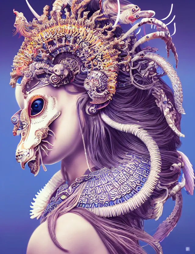 Image similar to 3 d goddess close - up profile portrait with crown, ram skull. beautiful intricately detailed tribal japanese crow kitsune mask and clasical japanese kimono. betta fish, jellyfish phoenix, bio luminescent, plasma, ice, water, wind, creature, artwork by tooth wu and wlop and beeple and greg rutkowski