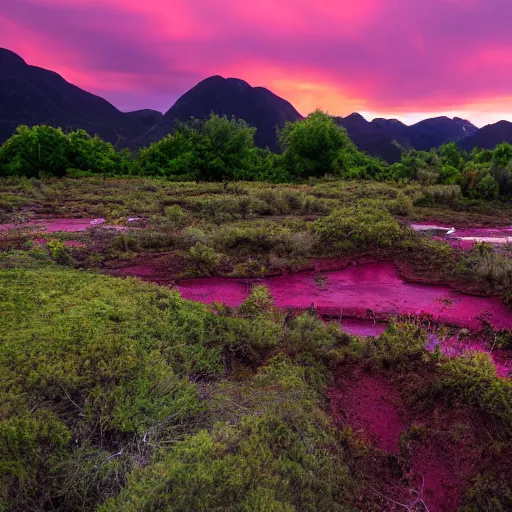 Image similar to the sky is a deep purple, with swirls of pink and orange. the ground is red and rocky, with strange plants growing in patches. there is a river of green liquid, and in the distance, you can see a mountain range.