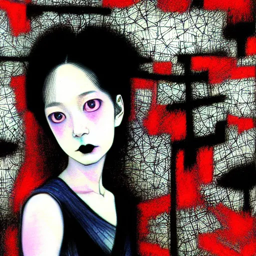 Image similar to yoshitaka amano blurred and dreamy realistic three quarter angle portrait of a beautiful young woman with black lipstick and black eyes wearing dress suit with tie, junji ito abstract patterns in the background, satoshi kon anime, noisy film grain effect, highly detailed, renaissance oil painting, weird portrait angle, blurred lost edges