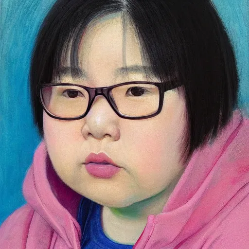 Prompt: portrait of a slightly overweight korean girl with a Bob cut, bedhead, wearing round glasses, wearing a pastel pink hoodie, oil on canvas, elegant pose, masterpiece, Jonathan Yeo painting