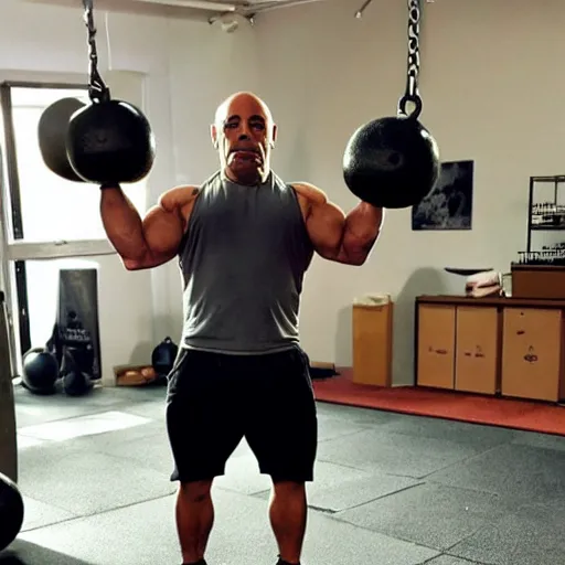 Prompt: photo of joe rogan lifting kettlebells,