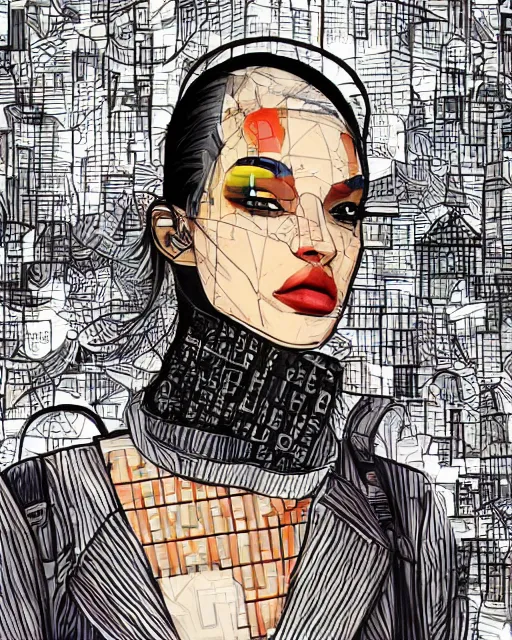 Image similar to cypherpunk fashion illustration, camera face, city street background with high tall buildings, abstract portrait highly detailed, finely detailed