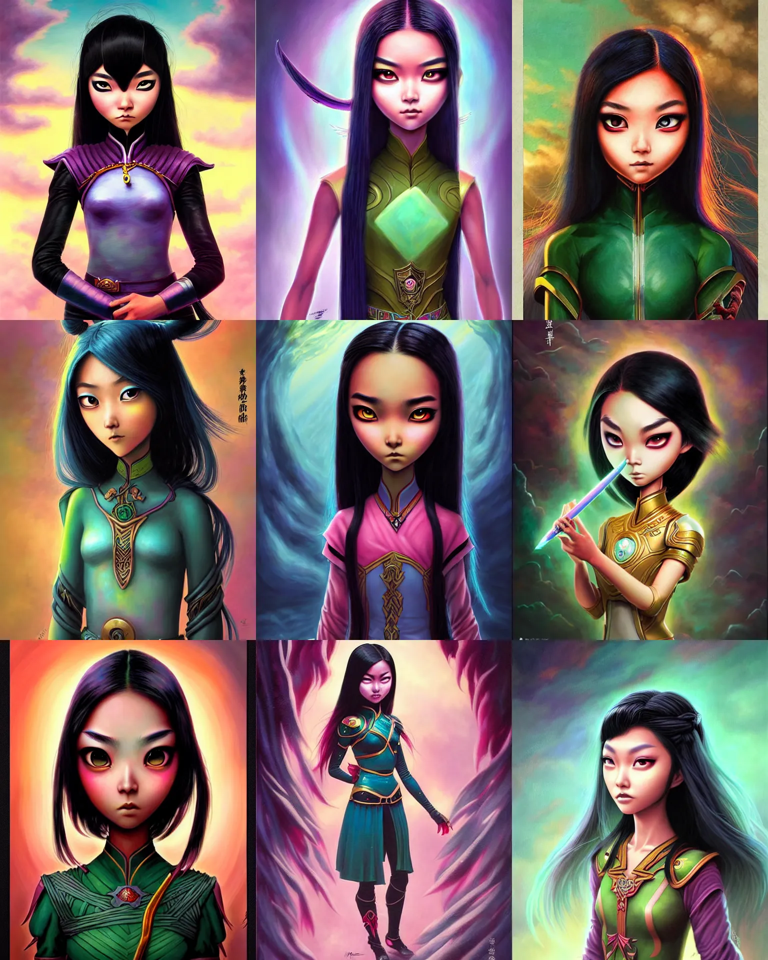 Prompt: an epic fantasy comic book style painting of a young malaysian woman as jade chan, expressive, pastel palette, dark piercing eyes, tan skin, beautiful futuristic hair style, awesome pose, character design by mark ryden pixar hayao miyazaki, ue 5