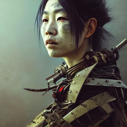 Image similar to portrait painting of a post - apocalyptic japanese lady with warpaint on her face wearing scrap samurai armor, ultra realistic, concept art, intricate details, eerie, highly detailed, photorealistic, octane render, 8 k, unreal engine. art by artgerm and greg rutkowski and charlie bowater and magali villeneuve and alphonse mucha