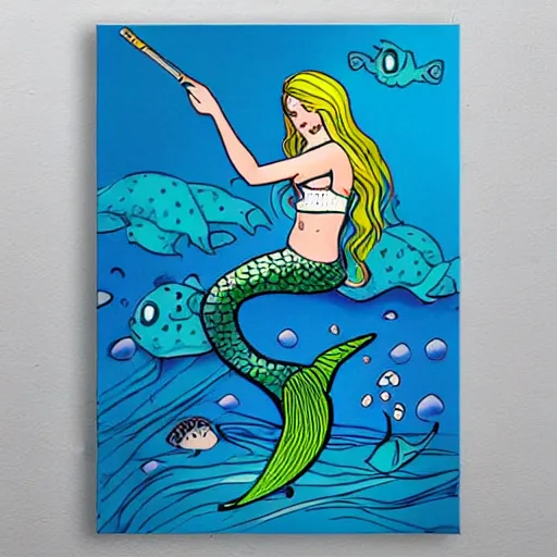 Image similar to illustration of a mermaid playing an stratocaster electric guitar, under the sea, limited colours, poster