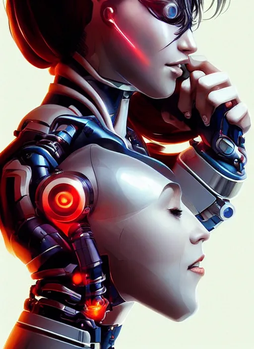 Prompt: portrait of a cyborg woman who turns her head to the ((((((right))))) left+450 (((((up))))) (((((down))))) by Artgerm,eyes closed , biomechanical, hyper detailled, trending on artstation