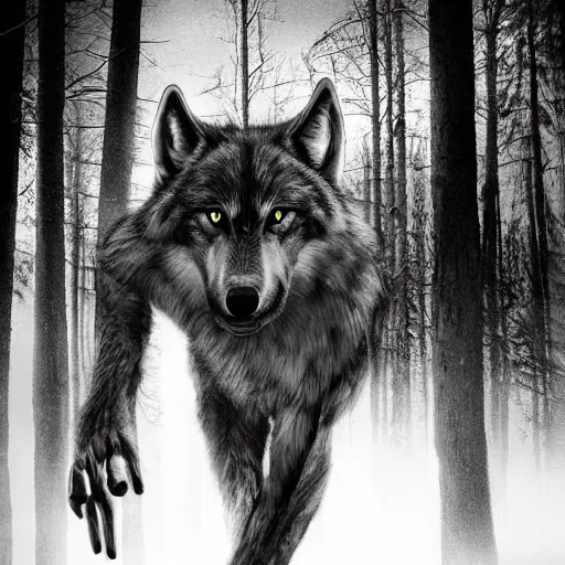 Image similar to werecreature consisting of human and wolf, photograph of dark forest