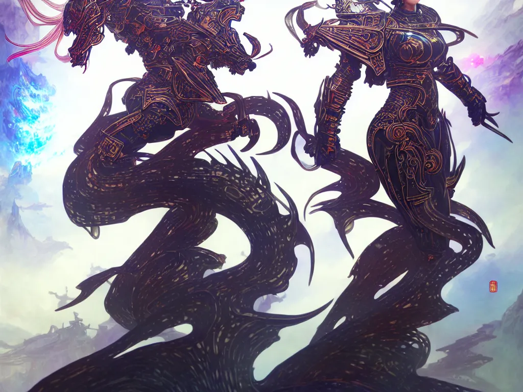 Prompt: hero action pose of futuristic knights of zodiac female, abstract chinese dragon concept art, at future neon tokyo light temple, ssci - fi and fantasy, intricate and very very beautiful and elegant, highly detailed, digital painting, artstation, sharp focus, illustration, art by tan zi and ayanamikodon and alphonse mucha and wlop