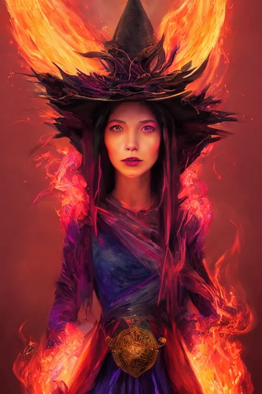 Prompt: a fancy portrait of a beautiful dark magician women wearing a great witches hat covered in colourfull flames by Greg Rutkowski, Sung Choi, Mitchell Mohrhauser, Maciej Kuciara, Johnson Ting, Maxim Verehin, Peter Konig, final fantasy , mythical, 8k photorealistic, cinematic lighting, HD, high details, atmospheric,