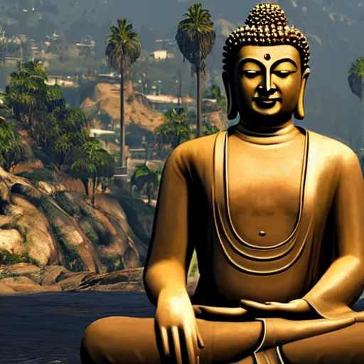 Prompt: buddha in gta v cover, rockstar games, no text,