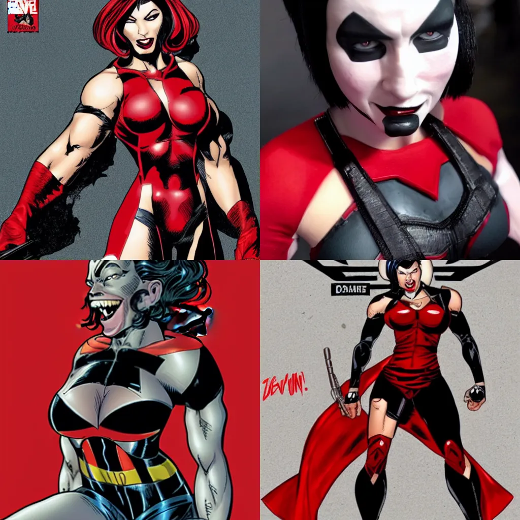 Prompt: in the style of Dave Bautista, Pale female Domino from marvel comics, wearing a red dress, smile