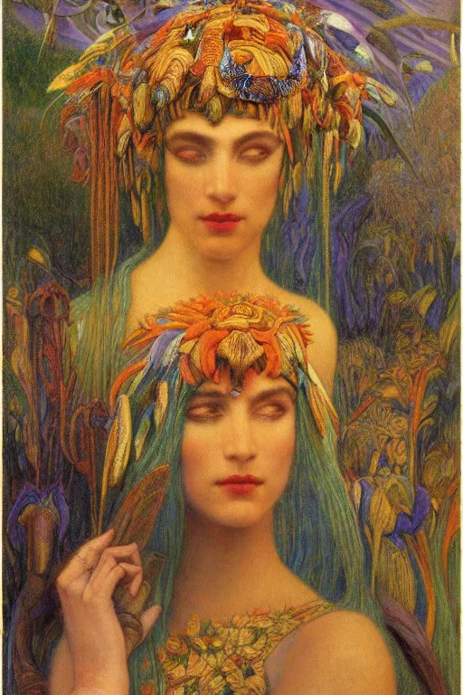 Prompt: queen of spring, by jean delville and Gaston Bussière and Tino Rodriguez and Diego Rivera , elaborate headdress and embroidered velvet, iridescent beetles, rich color, dramatic cinematic lighting, extremely detailed