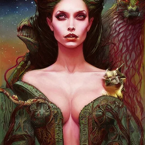 Image similar to portrait of princess of the dreamlands and moon beast, beautiful! coherent! by brom, deep colors, strong lines, rule of thirds