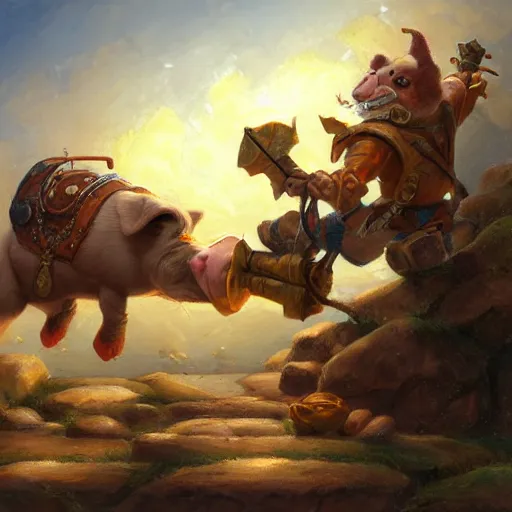 Image similar to catapult launching a pig, oil painting by justin gerard, deviantart