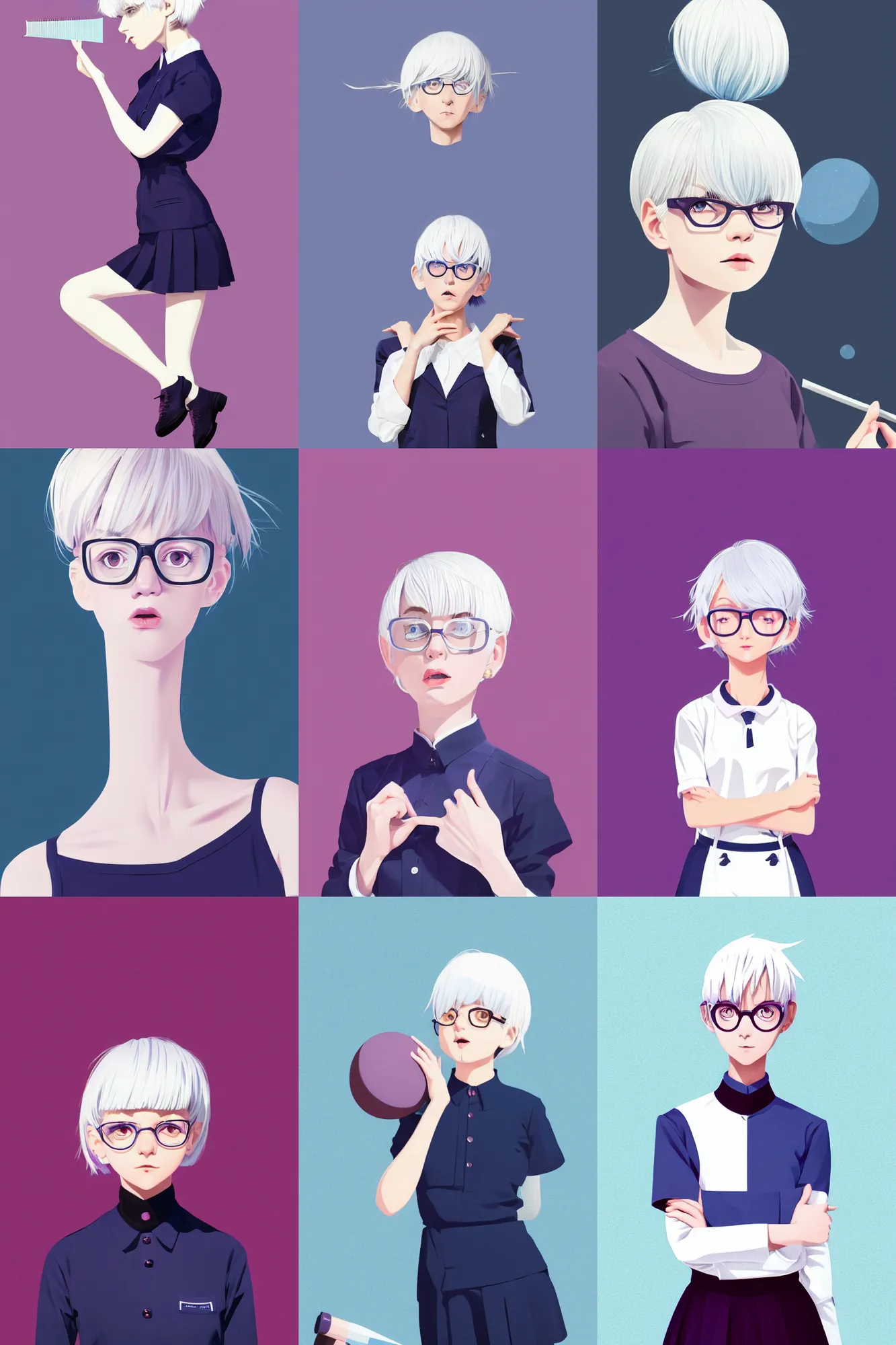 Prompt: a cute girl with cut to shoulder white hair wearing school uniform, mauve background, white hair, dark blue clothes double ball head, sharp focus, pure background color, illustration, morandi color scheme, art station, by ilya kuvshinov
