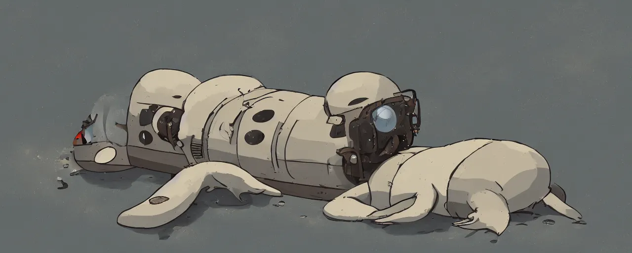 Image similar to dead baby seal dressed as a pilot from the 1 9 3 0 s, on the ground next to a crashed japanese zero plane, atey ghailan, goro fujita, studio ghibli, rim light, harsh bright lighting, clear focus, very coherent