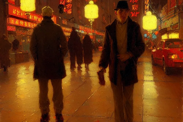Prompt: winter, attractive male, neon light, chinatown, painting by gaston bussiere, craig mullins, j. c. leyendecker