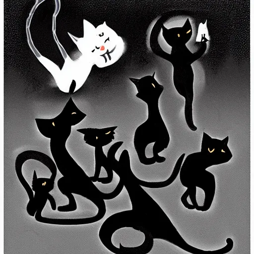 Prompt: pack of black cats in the style of “ al columbia ”