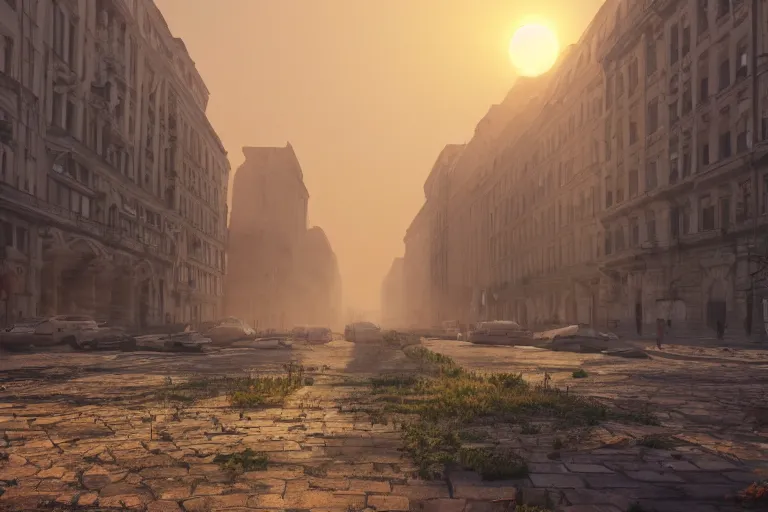 Prompt: bucharest city ruins, mist, dust, sunset, buildings, street,no people, desrted,artstation, 4k, beautiful, concept art