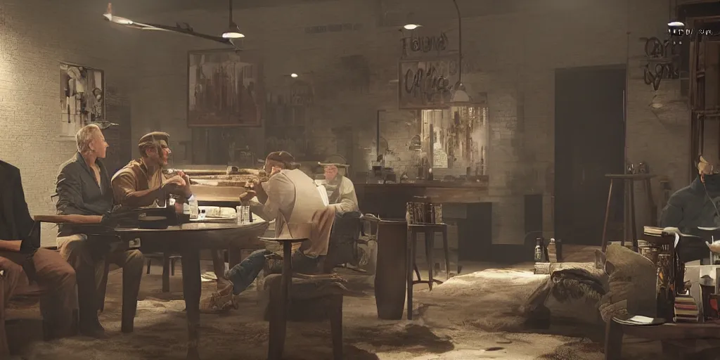 Prompt: they're probably drinkin'coffee and smoking big cigars, highly detailed vfx, cinematic, volumetric lighting,