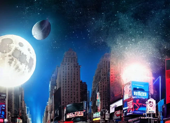 Image similar to film still of the moon shattering into pieces exploding moon over time square in the new sci - fi movie, 8 k, night time