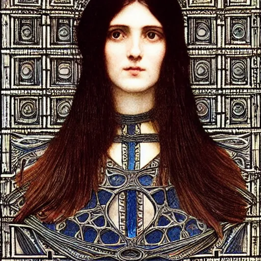 Image similar to Symmetric Pre-Raphaelite painting of a beautiful mystic woman with dark hair in a very detailed silk dark grey dress by John William Waterhouse, zoomed out, surrounded by a dark gothic frame of highly detailed mathematical drawings of neural networks and geometry by Doré, highly detailed mathematical drawings of geometry and neurons by HG Giger