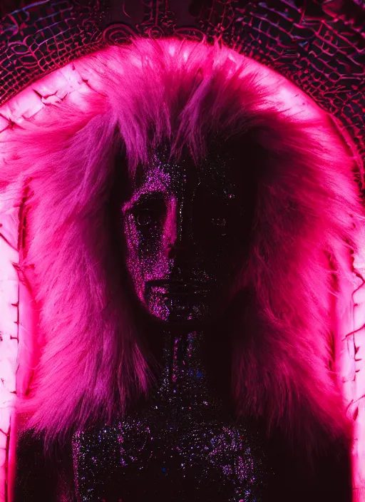 Image similar to photo of baroque and bladerunner delicate neon ruby sculpture of seductive ceramic albino king adrien sahores space pink iridescent humanoid deity wearing black fluffy hoody holding diamond skull in a black metallic dungeon, reclining, glowing rainbow face, crown of white diamonds, cinematic lighting, photorealistic, octane render 8 k depth of field 3 d