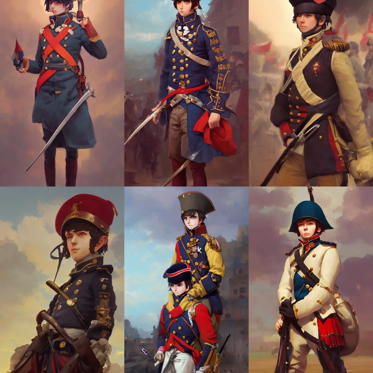 Prompt: a portrait of a cute napoleonic soldier, parade setting, vivid colors, soft lighting, atmospheric, cinematic, moody, in the style of ilya kuvshinov and range murata, krenz cushart, rule of thirds, oil on canvas, 8 k