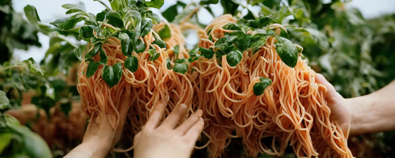 Prompt: medium shot of hands harvesting spaghetti that's growing on a plant, on a farm, canon 5 0 mm, cinematic lighting, photography, retro, film, kodachrome