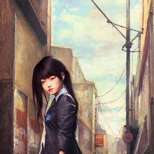 Prompt: a perfect, beutiful, realistic professional oil painting of a Japanese schoolgirl posing in a dystopian alleyway, style of Marvel, full length, by a professional American senior artist on ArtStation, a high-quality hollywood-style concept