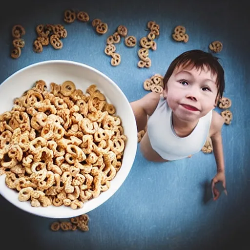 Image similar to “small people swimming in a bowl of milk and a few Cheerios, food photography”