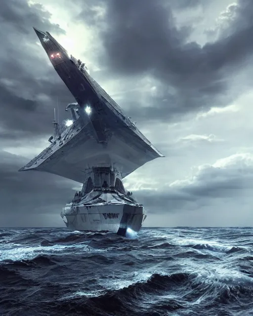 Image similar to scifi action scene of a fishing boat on stormy seas, a gigantic star destroyer spaceship flying overhead, the gigantic star destroyer spaceship is emerging from storm clouds, sunset lighting, stormy weather, dramatic lighting, unreal engine, hyper realism, realistic shading, cinematic composition, realistic render, octane render, detailed textures, photorealistic, ultrawide shot, 1 6 mm lens