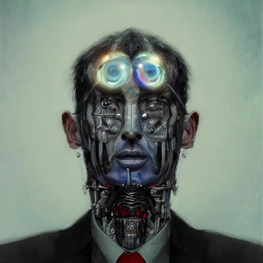 Prompt: surreal portrait of a man by Greg Rutkowski, symmetrical face, he is about 50 years old, short black hair with bangs, his features are a mix between French, Turkish and Russian, transformed into a kind of biomechanical transhuman god, blue glowing eyes, expression of epiphany and determination, cosmic void background, frightening, fascinating, highly detailed portrait, digital painting, book cover, artstation, concept art, smooth, sharp foccus ilustration, Artstation HQ