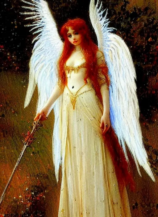 Image similar to vertical prtrait of an angel knight gothic girl, baroque dress. by gaston bussiere