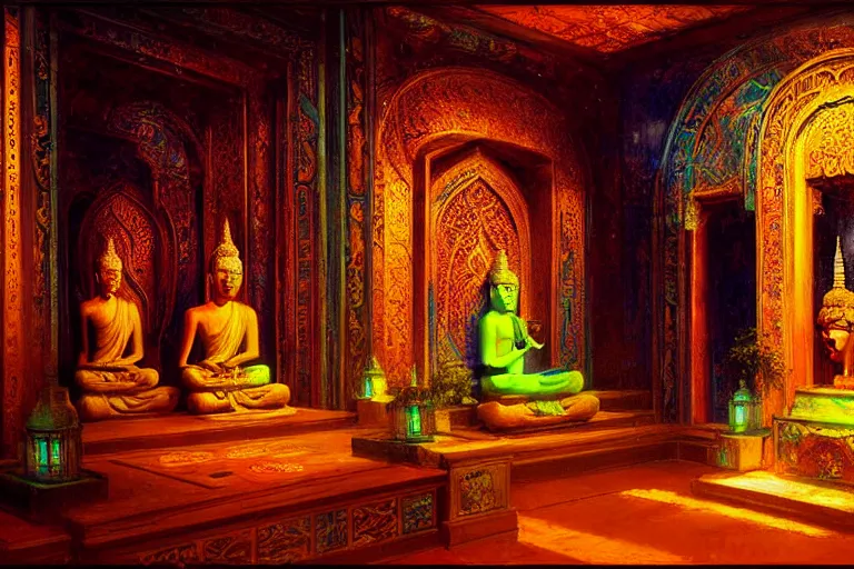 Image similar to mausoleum, buddhism, neon light, painting by gaston bussiere, greg rutkowski