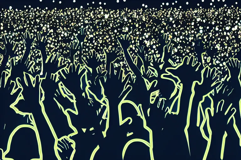 Prompt: crowd partying with their hands up and lighters in the air at a festival, silhouette, digital art, trending on artstation, 4k, unreal engine, intricate, ornate