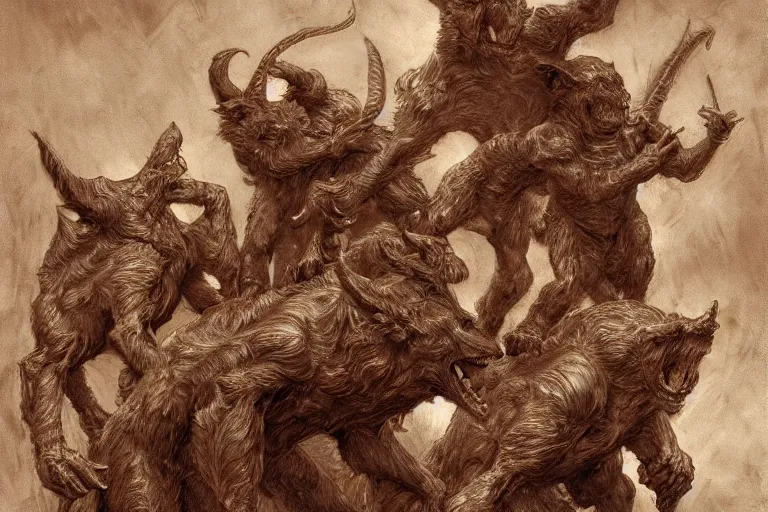 Image similar to cerberus hyperdetailed photo of a cerberus by ed binkley, ilya repin, alex horley, johfra bosschart, craig mullins, three head one body, cerberus, details