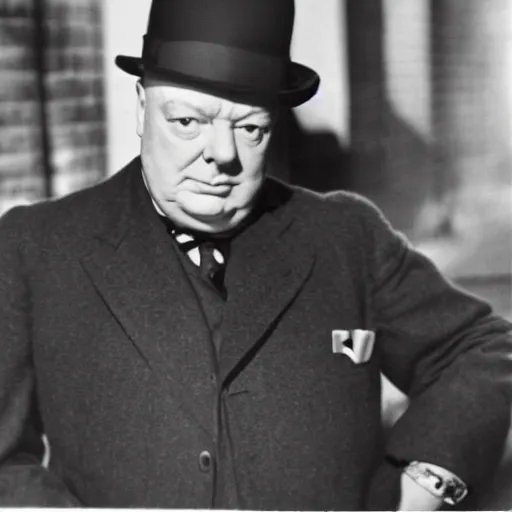 Image similar to A black and white photograph, circa 1940s, of Winston Churchill looking down at his smartphone