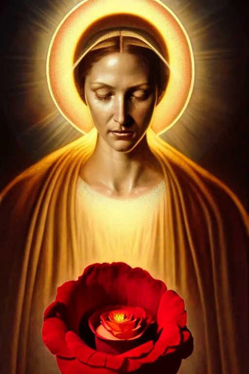 Prompt: hyperrealistic mixed media painting of Mother Mary, a halo about her head, holding a red rose!! traditional beauty, stunning 3d render inspired art by P. Craig Russell and Barry Windsor-Smith + perfect facial symmetry + dim volumetric lighting, 8k octane beautifully detailed render, post-processing, extremely hyperdetailed, intricate, epic composition, grim yet sparkling atmosphere, cinematic lighting + masterpiece, trending on artstation, very very detailed, masterpiece, stunning