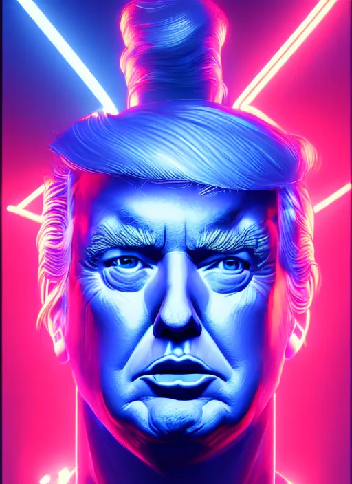 Image similar to portrait of donald trump cyber humanoid, intricate, elegant, cyber neon lights, highly detailed, digital painting, artstation, glamor pose, concept art, smooth, sharp focus, illustration, art by artgerm and greg rutkowski